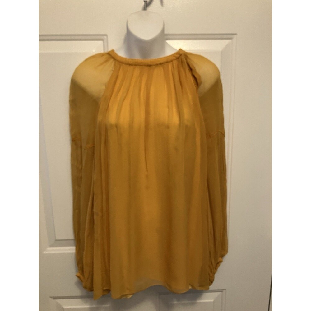 Zara Trafaluc Sz XS Mustard Yellow Beaded Gauze Long Sleeve Blouse Top Women’s